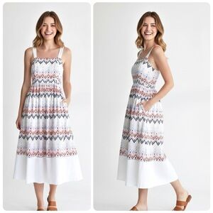 Sabina Musayev Fiji White Embroidered Midi Dress Pockets Boho Resort Vacation XL
